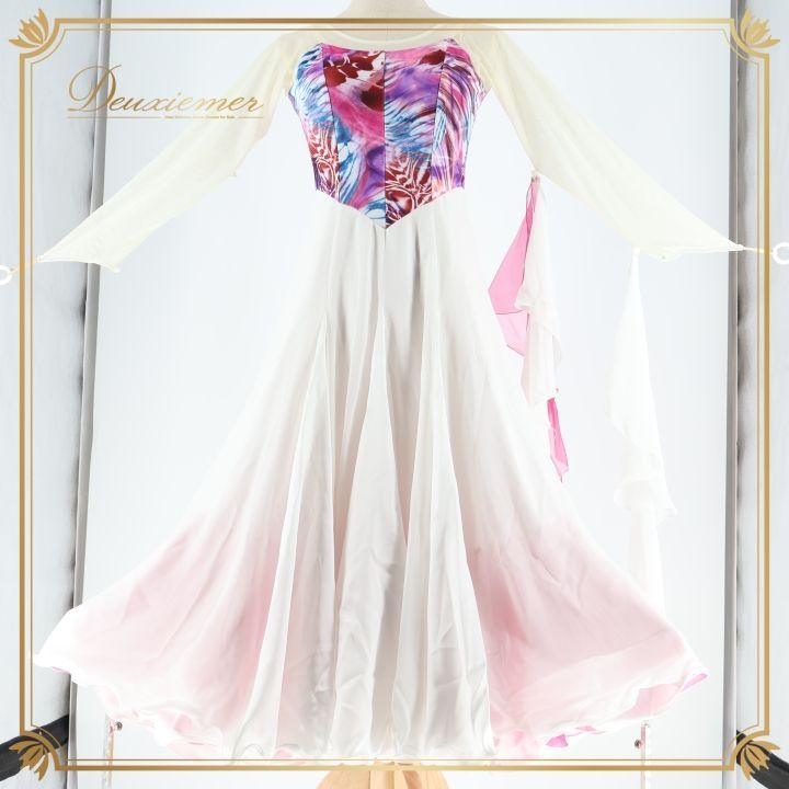 社交ダンス 衣装 ワンピース ドレス スタンダード フロート レース 白