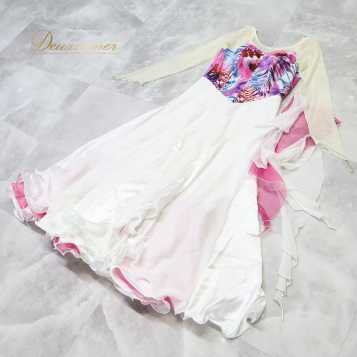 社交ダンス 衣装 ワンピース ドレス スタンダード フロート レース 白