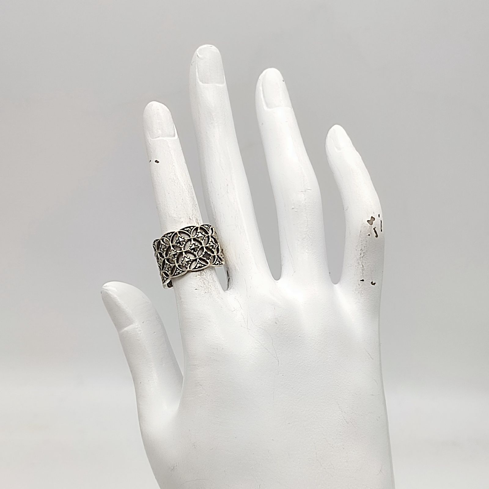 美品】碌山 ロクザン パイライトワイドリング 透かし SILVER シルバー