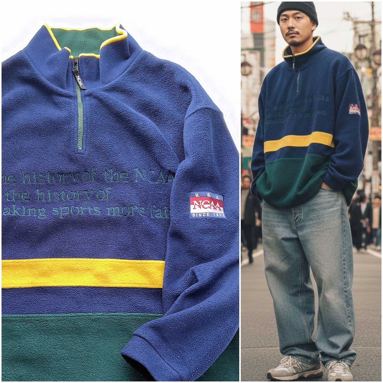 90sレトロ】 NCAA ハーフジップ フリース LL ネイビー 緑 黄色 日本製 