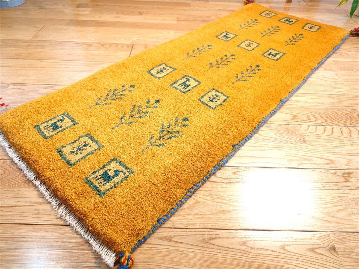 ペルシャ ギャッベ ミニランナー 115x44cm 黄色 パネル 生命の木 ヤギ