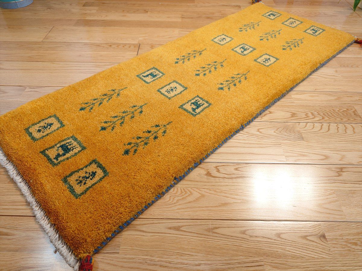 ペルシャ ギャッベ ミニランナー 115x44cm 黄色 パネル 生命の木 ヤギ