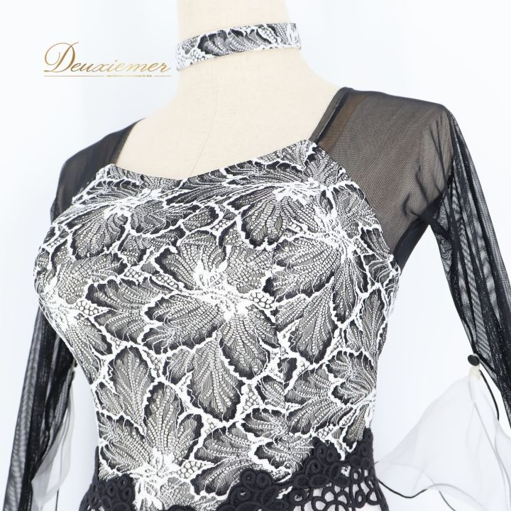 社交ダンス 衣装 スタンダード ドレス ワンピース 白 黒 レース 高級感