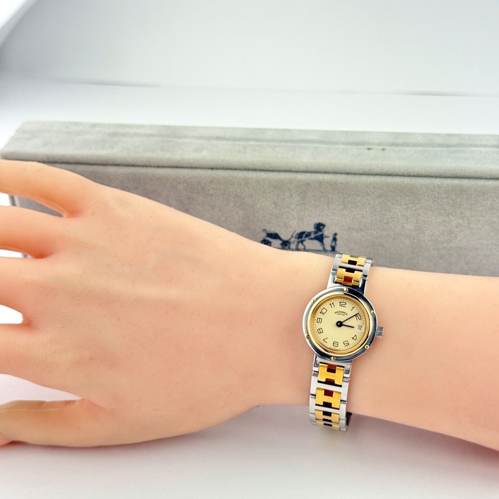 エルメス クリッパー Hベルト デイト 新品電池 レディース 腕時計 223