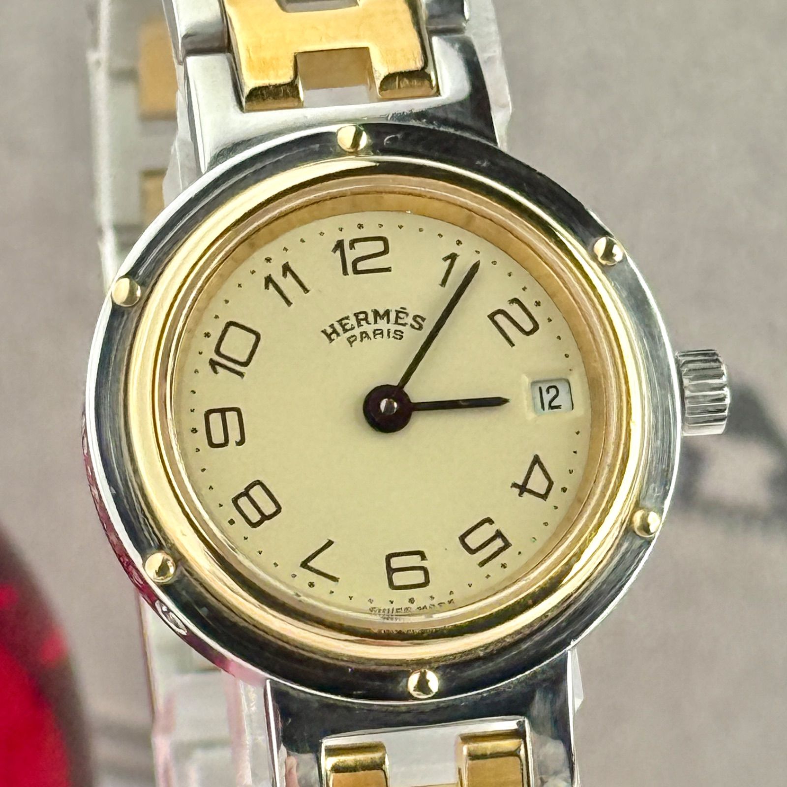 エルメス クリッパー Hベルト デイト 新品電池 レディース 腕時計 223