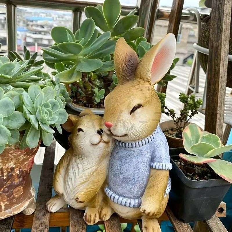ガーデンオブジェ うさぎ カップル 庭 置物 デコ アニマル ウサギ