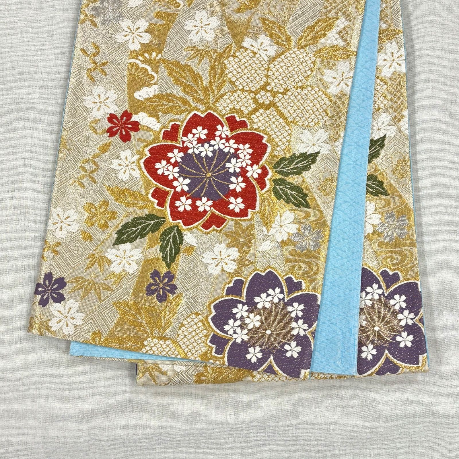 O02☆振袖用☆ 新品(保管品) 正絹 六通 高級袋帯 袋帯 振袖用 仕立て上り 正絹 六通 金 桜と流水 芯なし 435cm | 女性