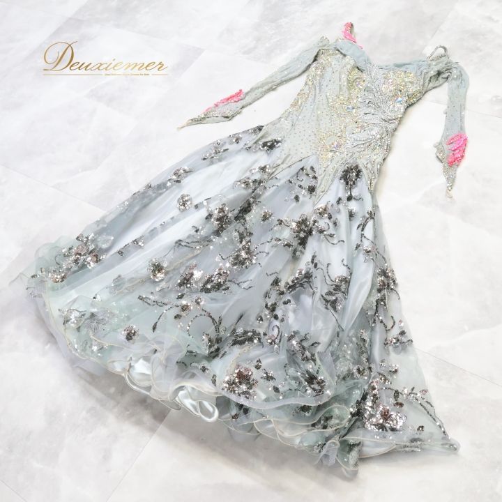 社交ダンスドレス シルバー グレー 社交ダンス 衣装 スタンダード ドレス ワンピース スタンダードドレス