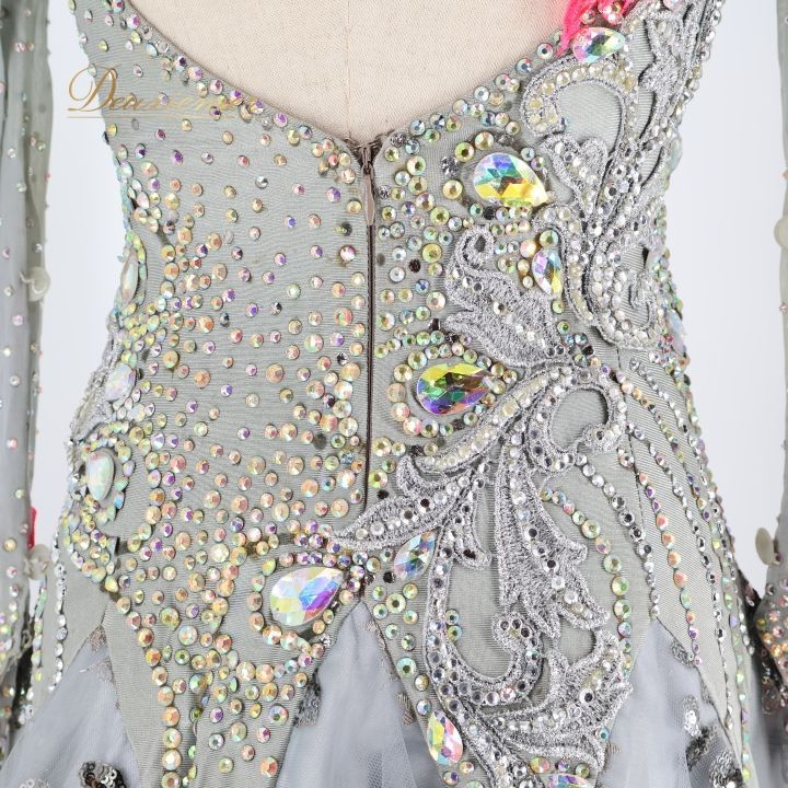 社交ダンスドレス シルバー グレー 社交ダンス 衣装 スタンダード ドレス ワンピース スタンダードドレス