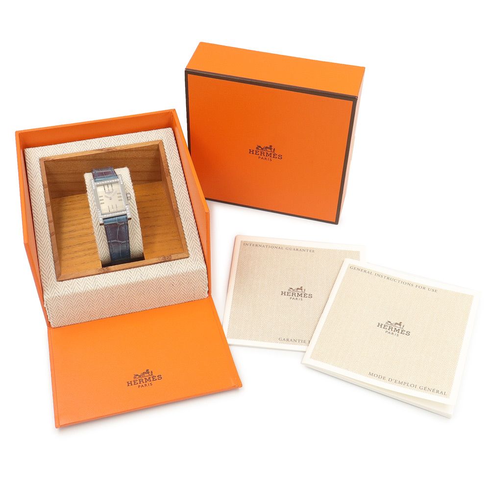 エルメス タンデム ダイヤベゼル クオーツ 腕時計 アリゲーター エキゾチックレザー ダイヤモンド ステンレススチール ブルー シルバー TA 1.230 □E刻印 HERMES