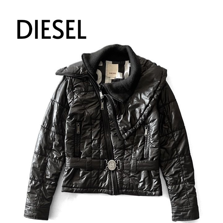 00s DIESEL ディーゼル 中綿ジャケット ニット切替 光沢 ベルト付き