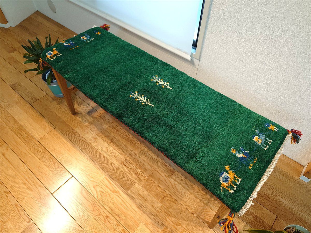 ペルシャ ギャッベ ミニランナー ラグ 115x40cm 緑色 ラクダ RJ15931