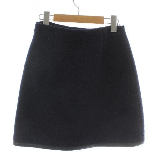 プラダ PRADA 台形スカート ミニ ウール レザー ツイード 36 XS 紺