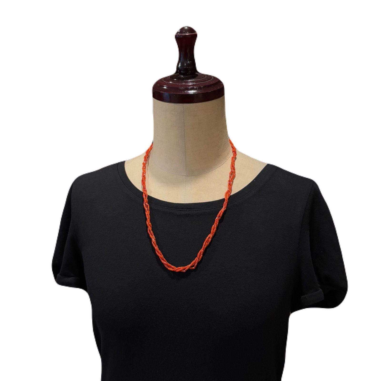 天然赤珊瑚 3連ネックレス ロング 約59cm シルバーメッキ金具 本珊瑚