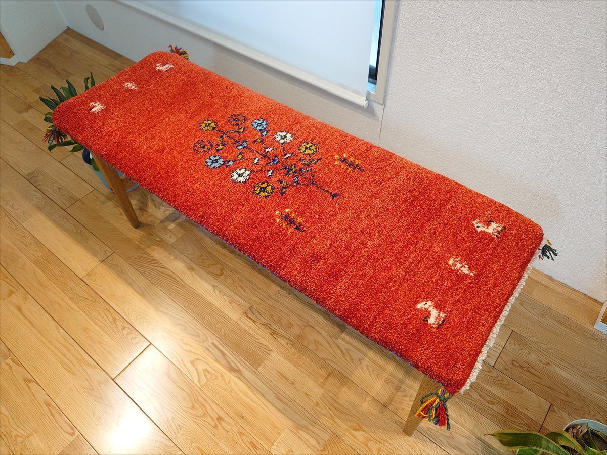 ペルシャ ギャッベ ミニランナー ラグ 116x40cm 茜色 花 ヤギ 羊