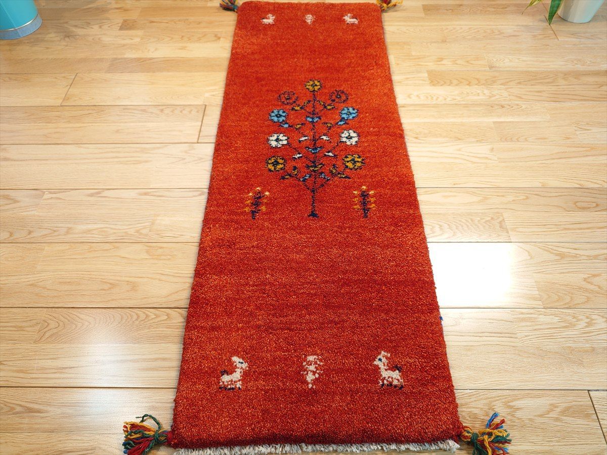 ペルシャ ギャッベ ミニランナー ラグ 116x40cm 茜色 花 ヤギ 羊