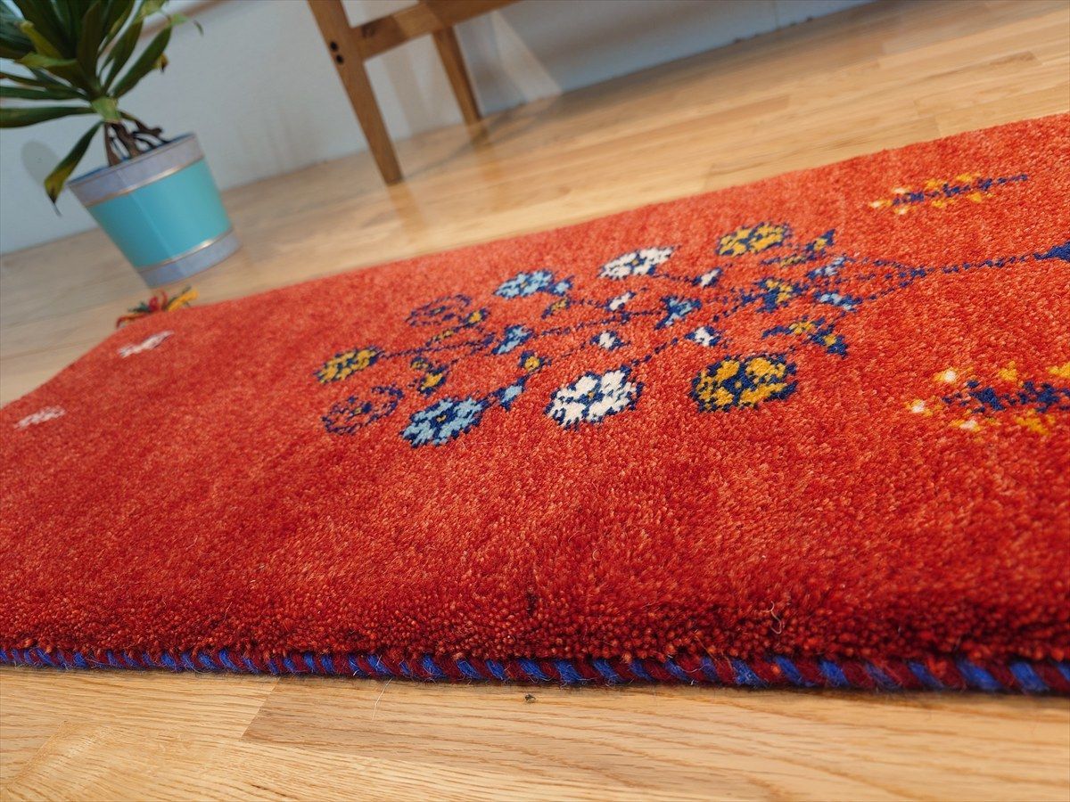 ペルシャ ギャッベ ミニランナー ラグ 116x40cm 茜色 花 ヤギ 羊