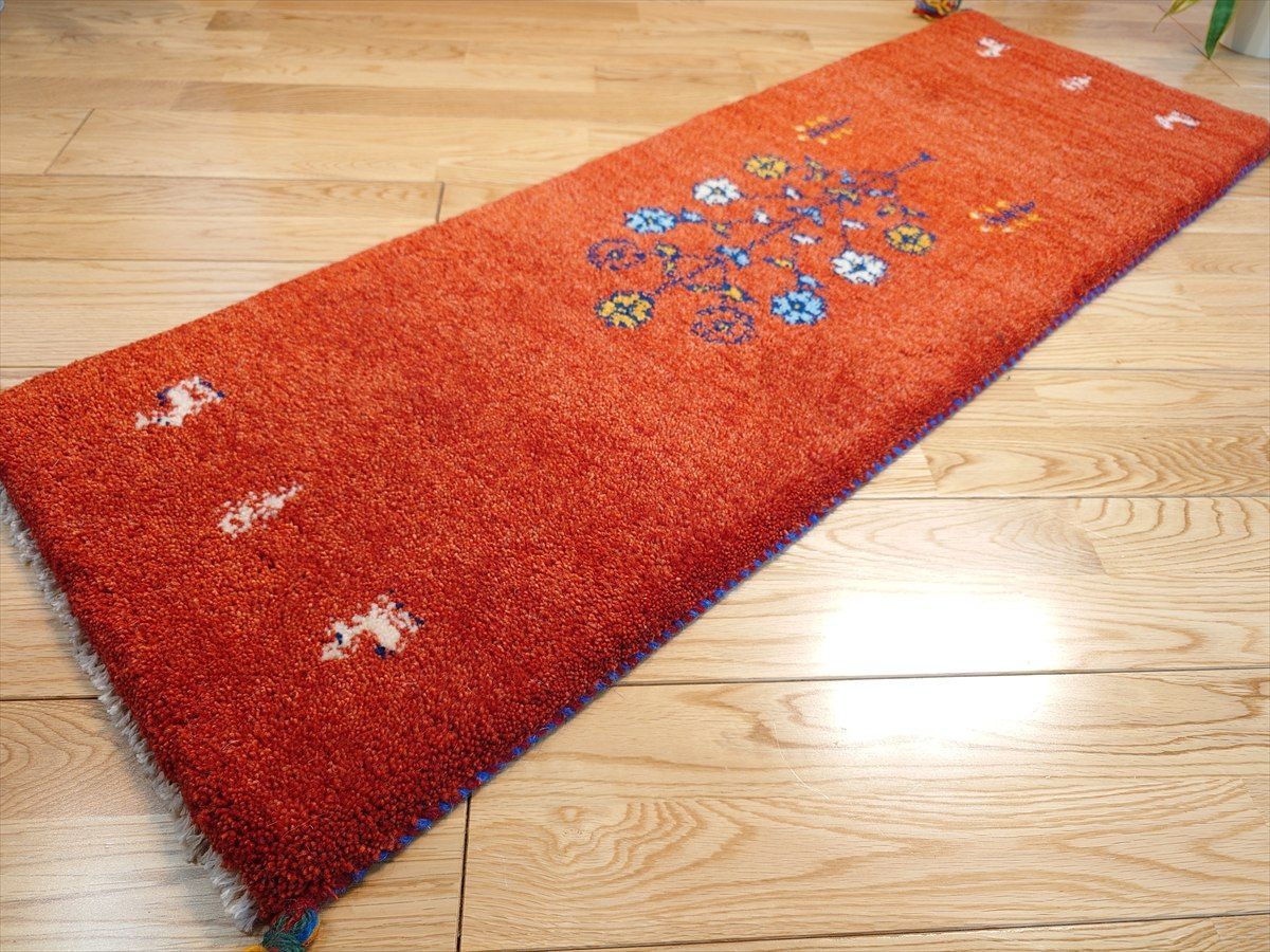 ペルシャ ギャッベ ミニランナー ラグ 116x40cm 茜色 花 ヤギ 羊