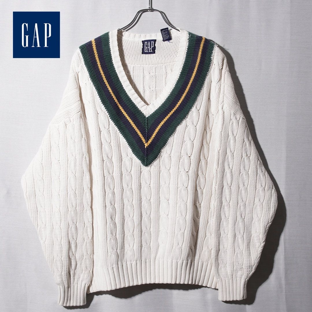 激レア 90s UK製 GAP ギャップ クリケットニット XL ホワイト 3Dニット 