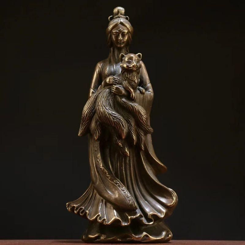 九尾の狐像 九尾霊狐像 神像 置物 オブジェ 風水 開運 妲己像 九姑娘 霊狐娘娘像 狐仙像 銅製 風水アイテム 縁起物 魔除け 祈願 供養 守護神像 女神像 家庭円満