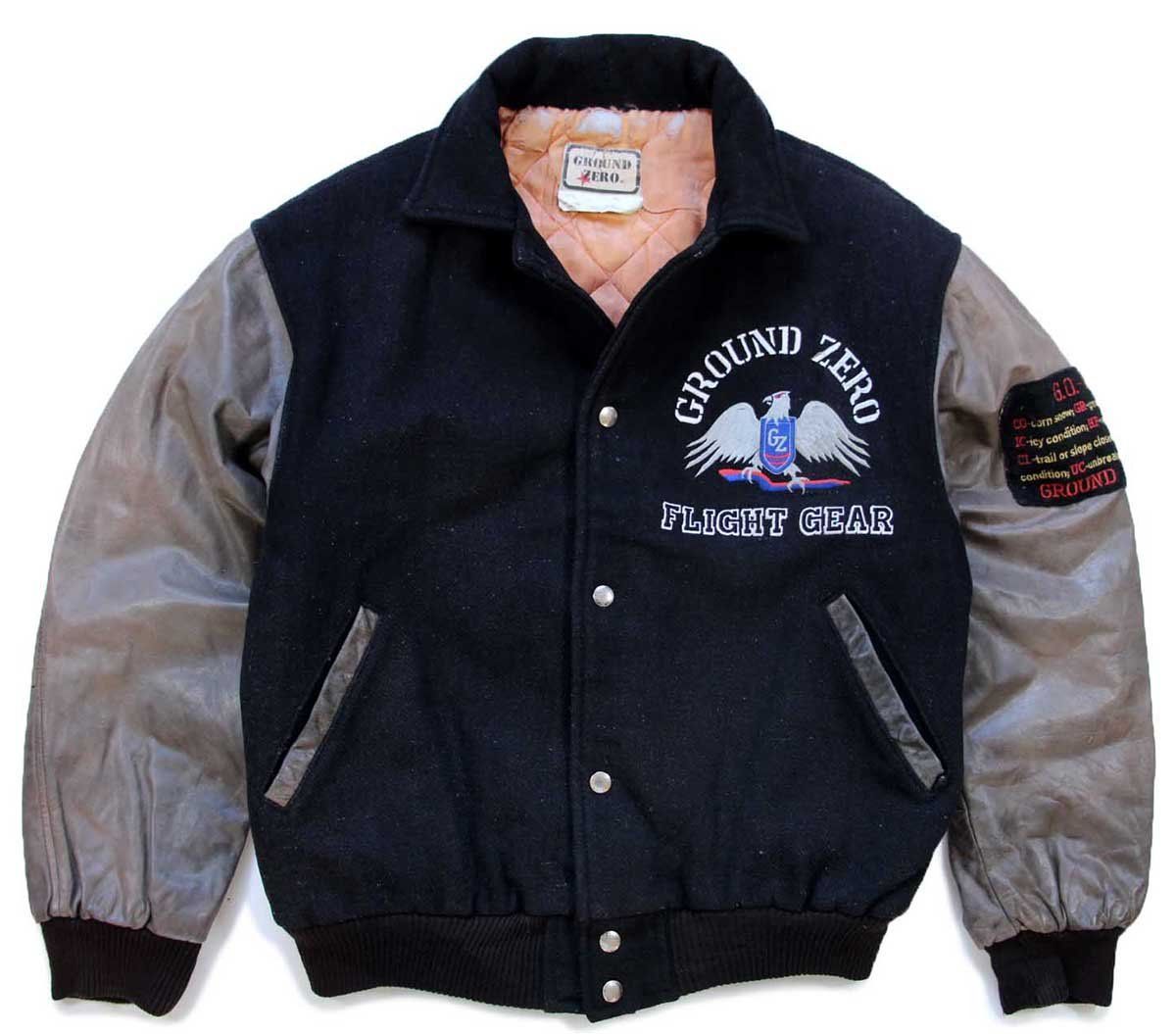 激レアSEDER80sカナダ製キルティングライナーウールスタジャンレザー袖XL黒 90s カナダ製 GROUND ZERO FLIGHT GEAR 刺繍 キルティングライナー