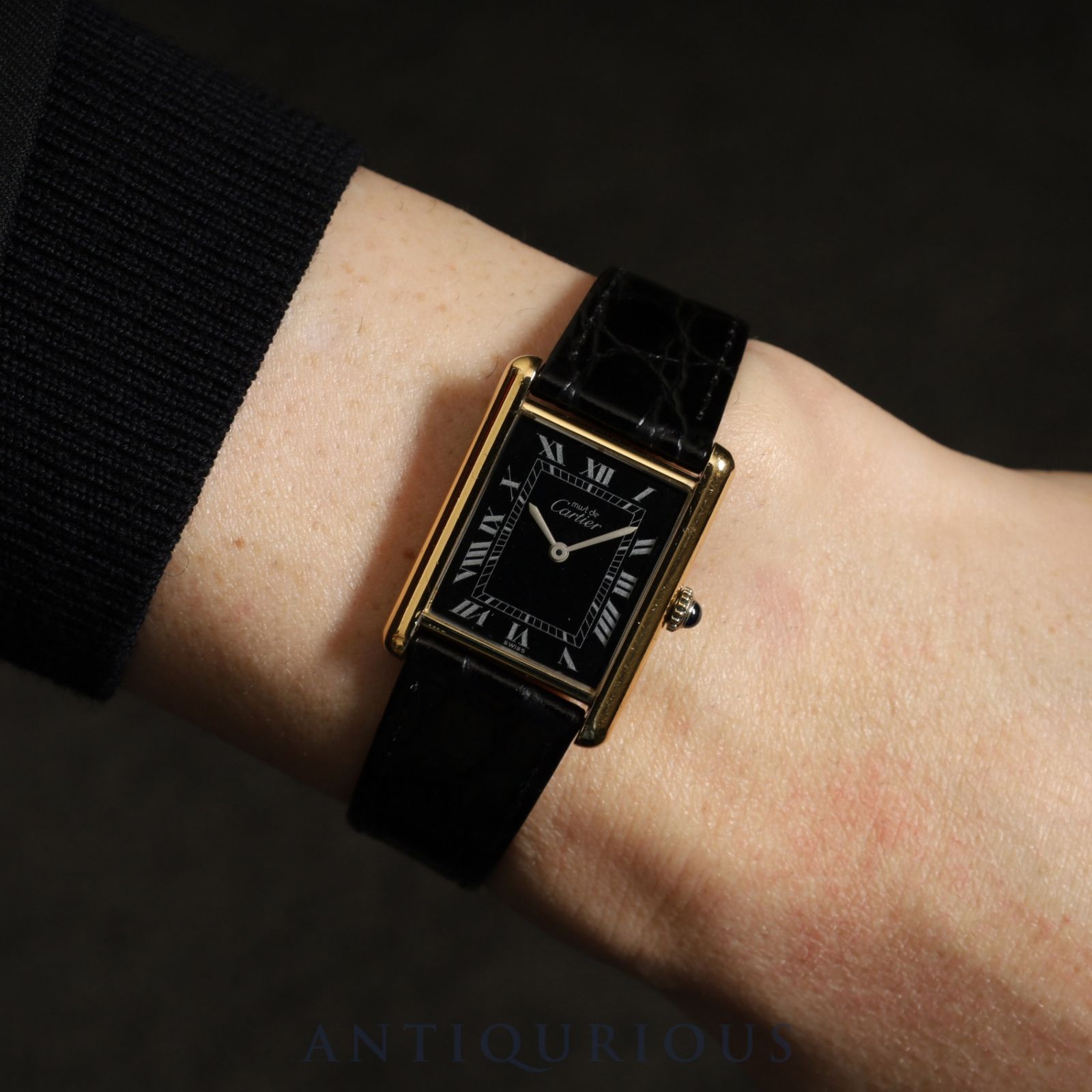 カルティエ マストタンク LM 手巻き Cal 78 1 SV 925 革 尾錠 GP ブラックローマン文字盤 保証書 オーバーホール済み