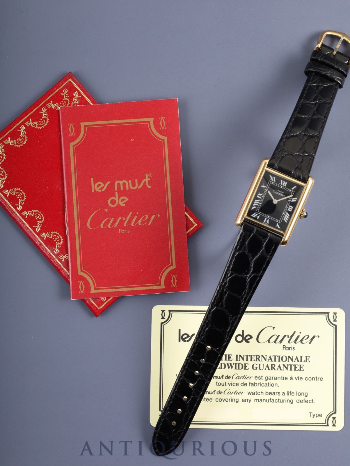 カルティエ マストタンク LM 手巻き Cal 78 1 SV 925 革 尾錠 GP ブラックローマン文字盤 保証書 オーバーホール済み