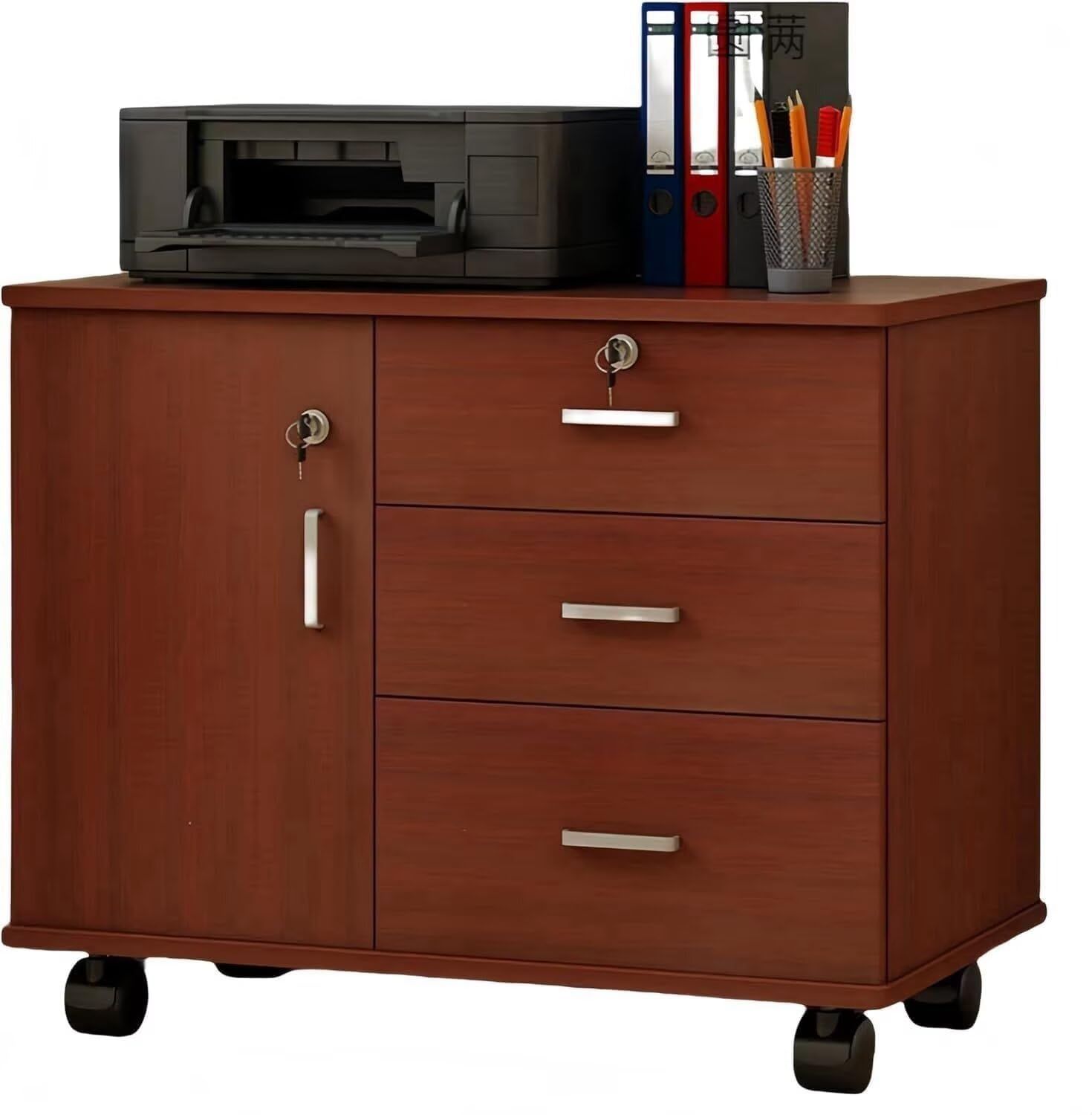 サイドワゴン デスクワゴン キャビネット 袖机 オフィス デスクサイド 完成品 鍵付き キャスター付き 扉付き チェスト PANCY デスク下 収納 3段オールロック 大容量 A 4対応 木製キャビネット 引き出し収納 組み立て不要 ブラウン 幅70 cm