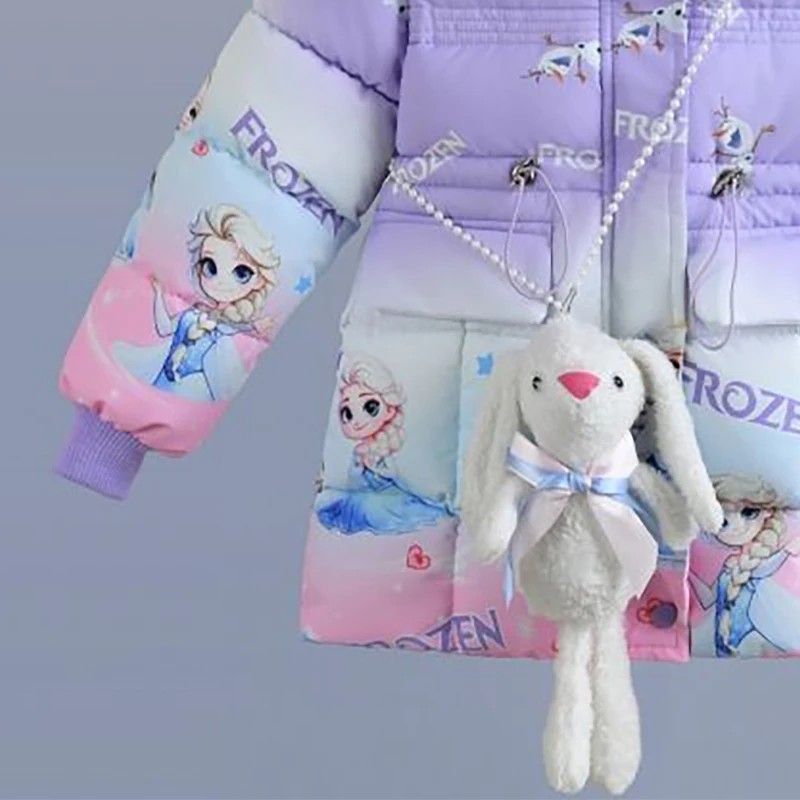  子供服 こども キッズ 女の子 ダウンジャケット アナと雪の女王 エルザ フード付き ぬいぐるみ付き 120-160 cm ピンク パープル キュート ダウンコート 中綿コート コート