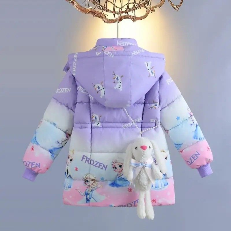子供服 こども キッズ 女の子 ダウンジャケット アナと雪の女王 エルザ フード付き ぬいぐるみ付き 120-160 cm ピンク パープル キュート 可愛い