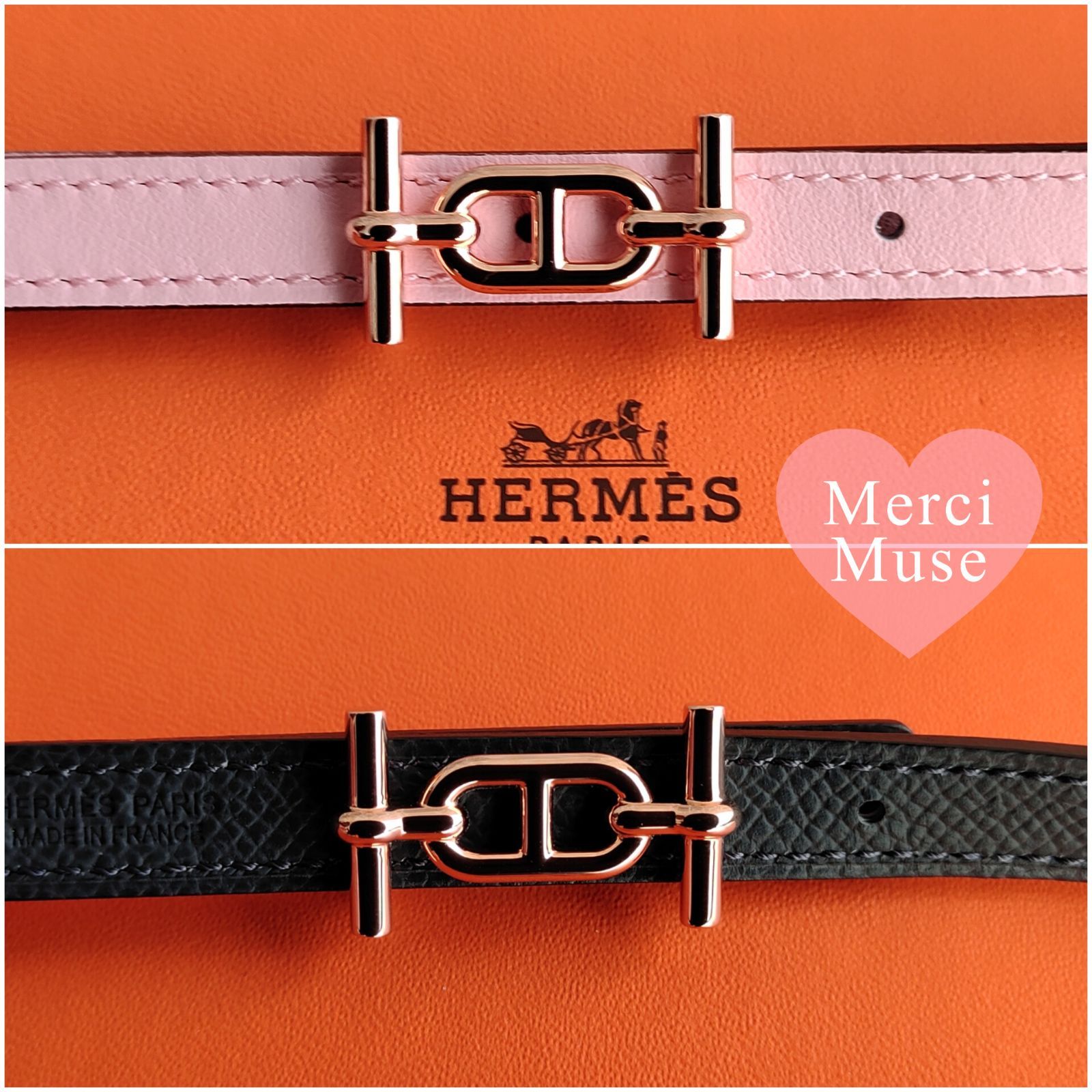 サイズ75 リバーシブルベルト13 ピンクｘグレー ピンクゴールド金具 エルメス Ｗ刻印 MerciMuse メルシーミューズ