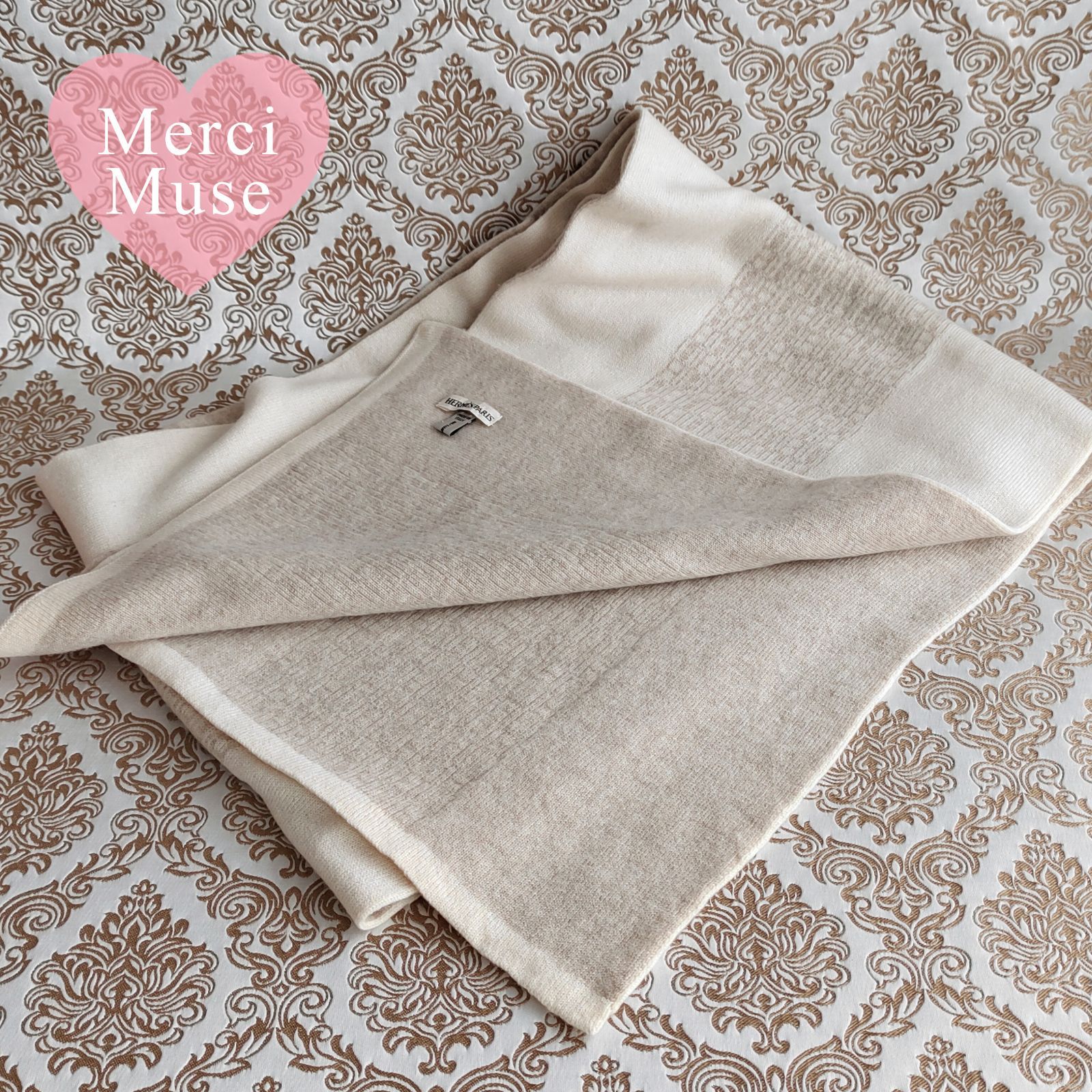 ❤お得なお品❤クリーニング済 カシミヤマフラー ライトベージュ エルメス ❤お得なお品❤クリーニング済 H柄 カシミヤマフラー クリームx