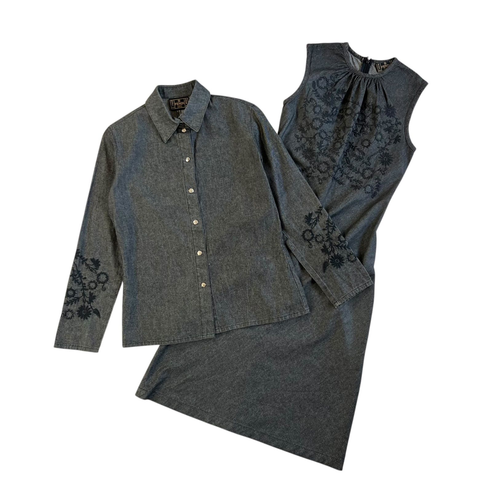 【未使用品】FENDI フェンディ ロングデニムワンピース フラワーモチーフ FENDI / フェンディ フラワーモチーフ デニムジャケット＆ワンピース