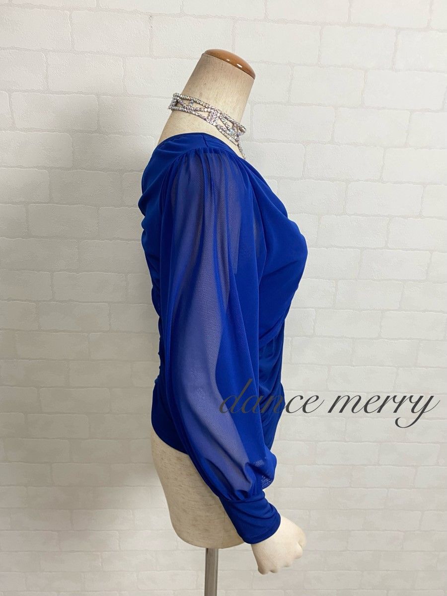 新品　社交ダンス　紺　ネイビー　トップス　シフォン　バルーン袖　ワルツ　2833 新品 社交ダンス トップス 青 長袖 バルーン袖 ワルツ パーティ