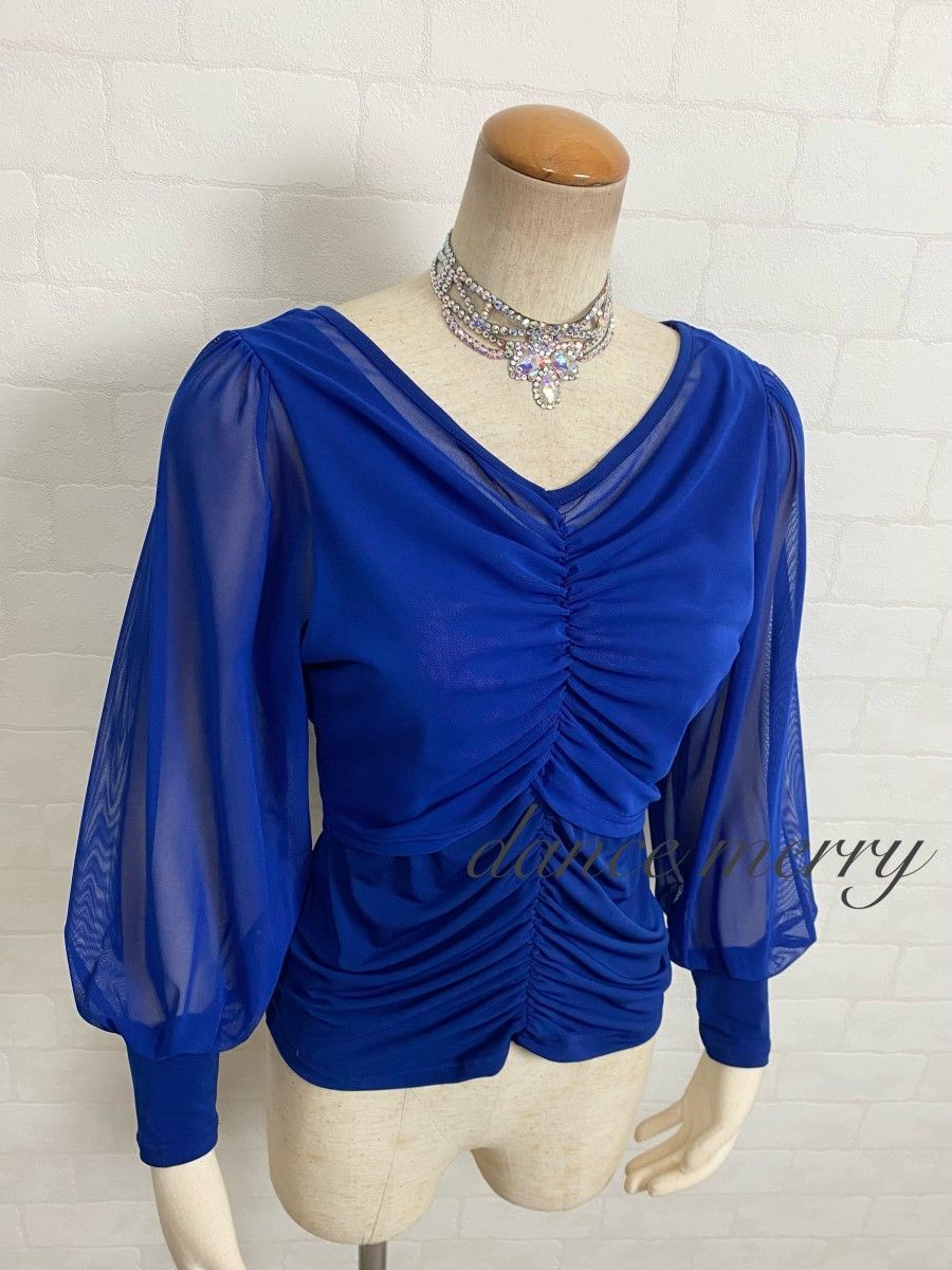 新品 社交ダンス トップス 青 長袖 バルーン袖 ワルツ パーティ
