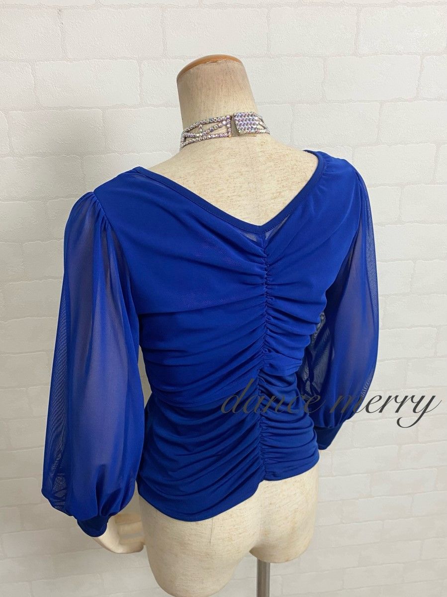 新品 社交ダンス トップス 青 長袖 バルーン袖 ワルツ パーティ