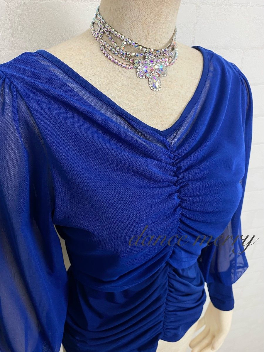 新品 社交ダンス トップス 青 長袖 バルーン袖 ワルツ パーティ