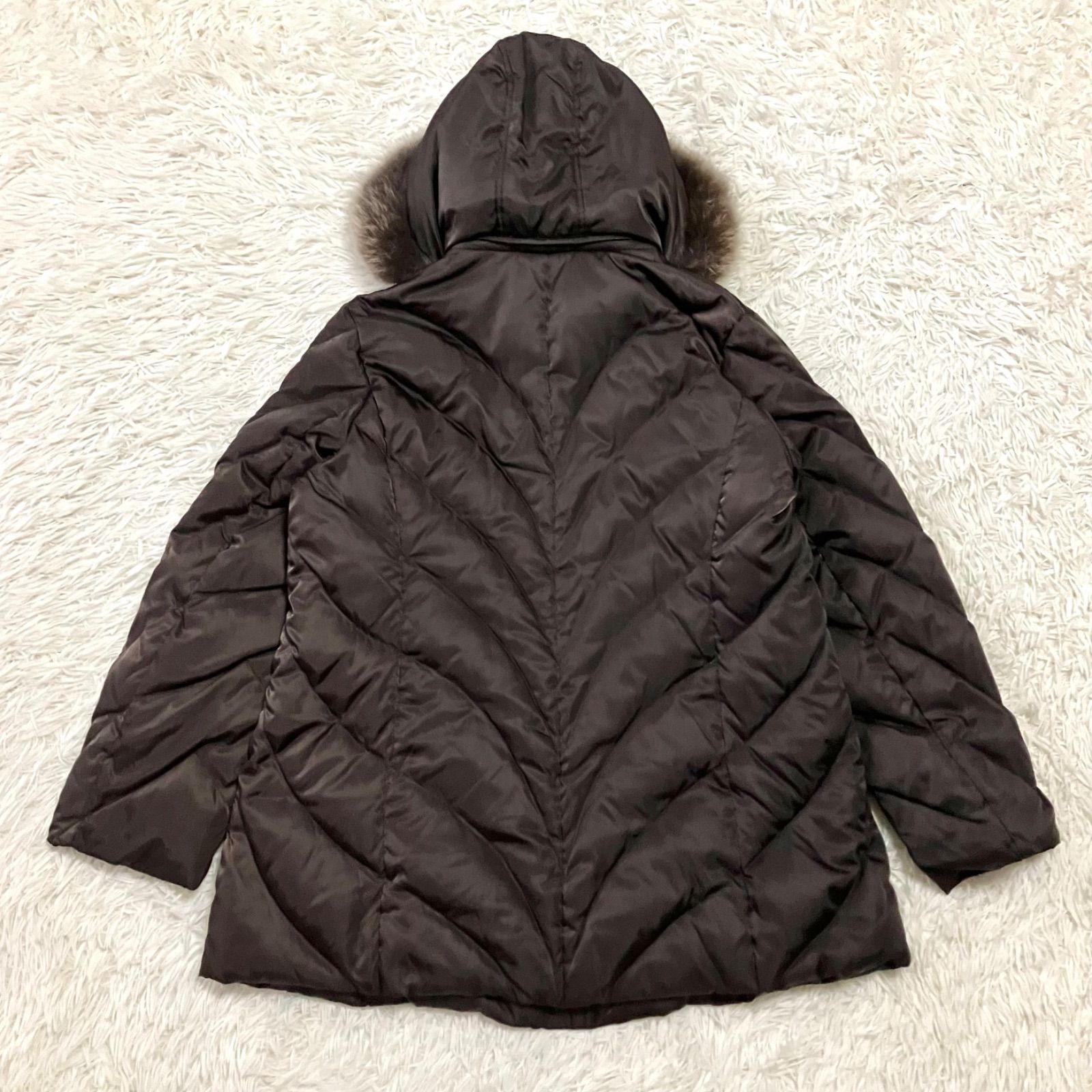 BALMAIN ブルーフォックスファー付きAラインダウンジャケット 裏地総柄