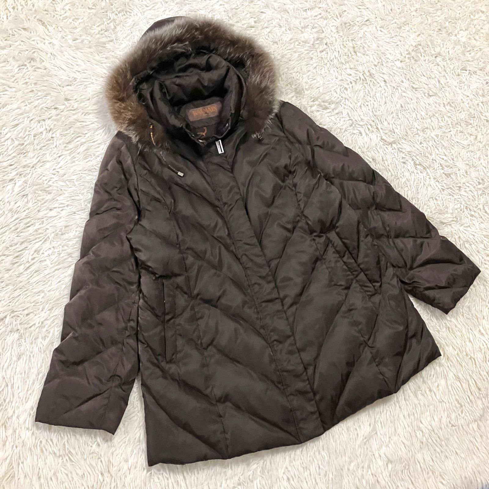 BALMAIN ブルーフォックスファー付きAラインダウンジャケット 裏地総柄