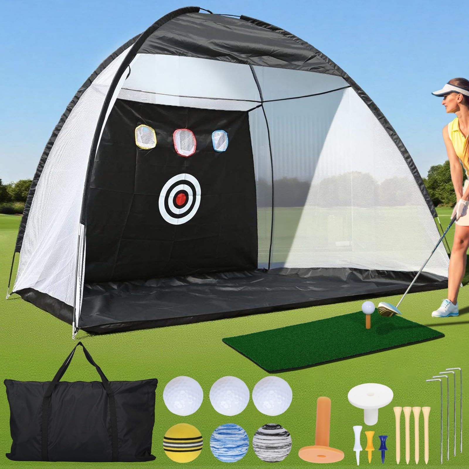 ゴルフ練習ネット 3 Mｘ2 Mｘ1 8 M 折りたたみ式 飛散防止 ゴルフネット 大型 室内屋外兼用 設置簡単 取り外し簡単 向き 日常練習 自宅練習 ポータブル収納 庭 公園 収納バッグ付き 芝生マット付き