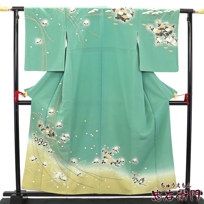 訪問着 フォーマル 袷 レディース 正絹 青緑 松 菊 椿 華やか 身丈