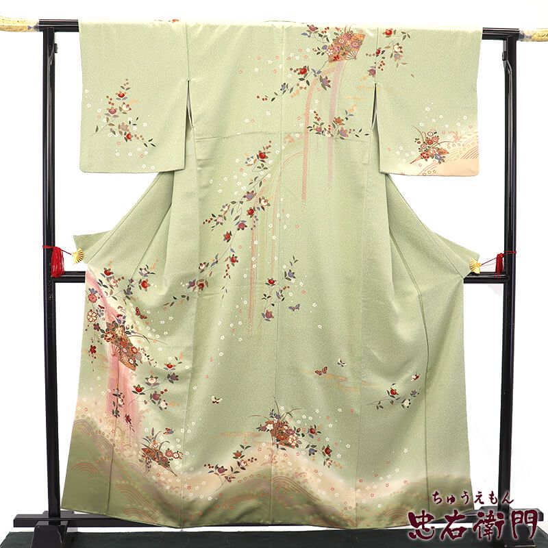 訪問着 フォーマル 袷 レディース 正絹 薄緑 扇 牡丹 菊 一つ紋 身丈 訪問着 フォーマル 袷 レディース 正絹 薄緑 扇 牡丹 菊 一つ紋 身丈