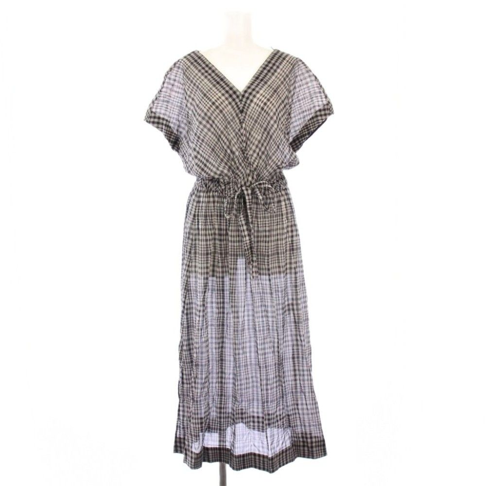 セオリーリュクス theory luxe フ ワンピース ミモレ ロング フレンチスリーブ 半袖 Vネック チェック柄 シアー シースルー 38 黒 ブラック グレー |BB