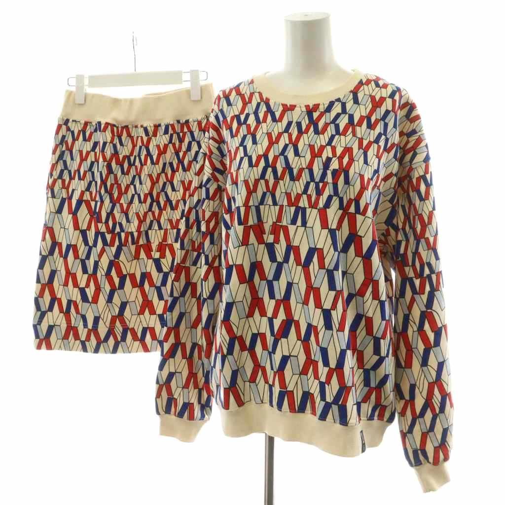 ダブルスタンダードクロージング ダブスタ セットアップ 上下 2点セット スウェット トレーナー 台形スカート ひざ丈 パネル幾何学 総柄 F 36 アイボリー 赤 レッド 青 ブルー 0208-210-233 0202-211-233 |AN 47