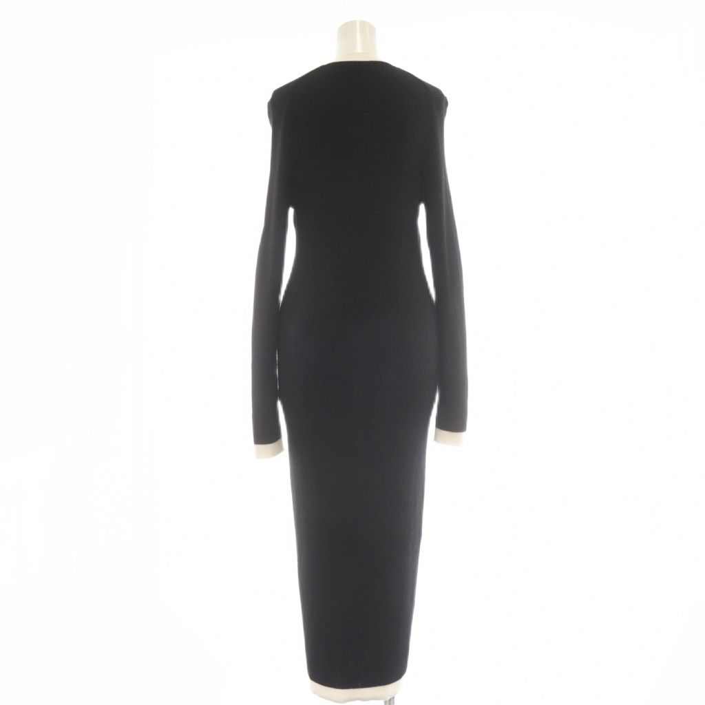 アリスオリビア alice olivia ロングワンピース 長袖 リブニット ウール バイ Vネック M 黒 ブラック 白 ホワイト AU