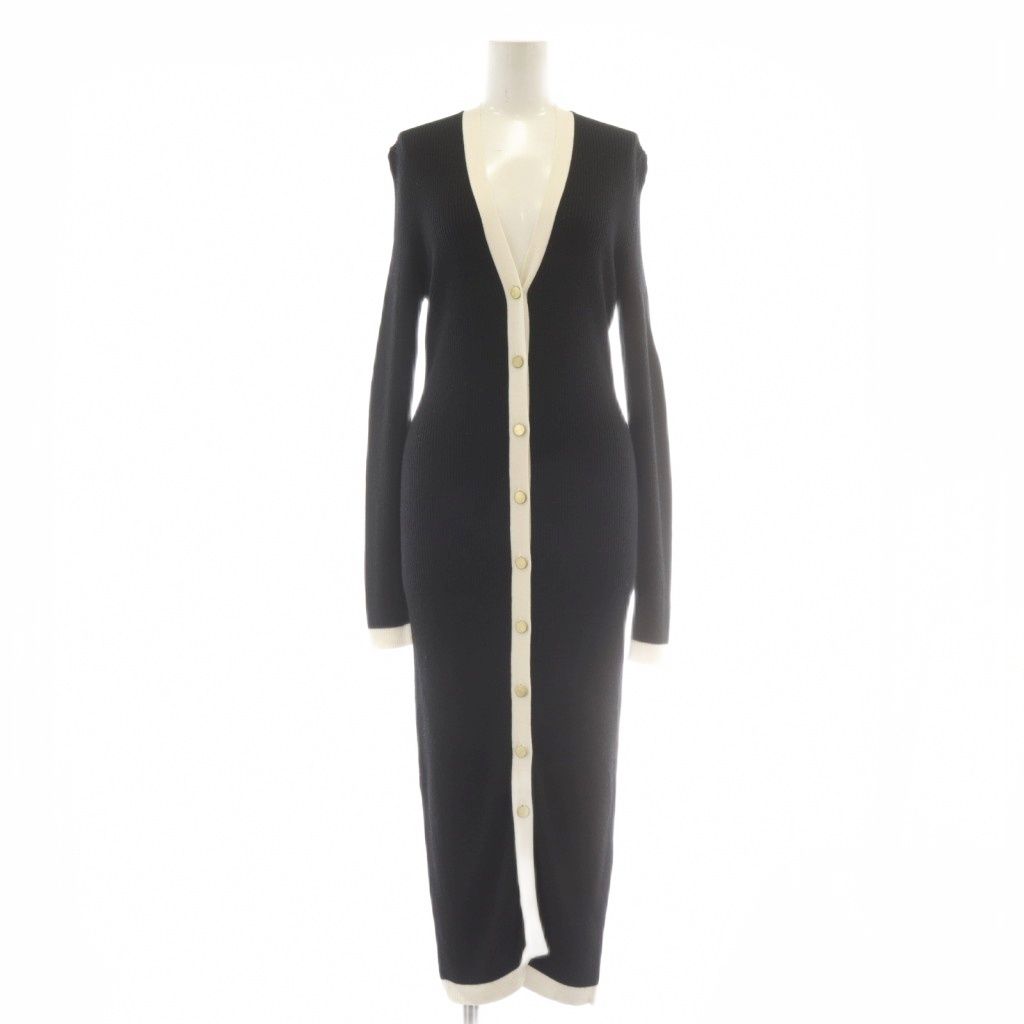 アリスオリビア alice olivia ロングワンピース 長袖 リブニット ウール バイ Vネック M 黒 ブラック 白 ホワイト AU