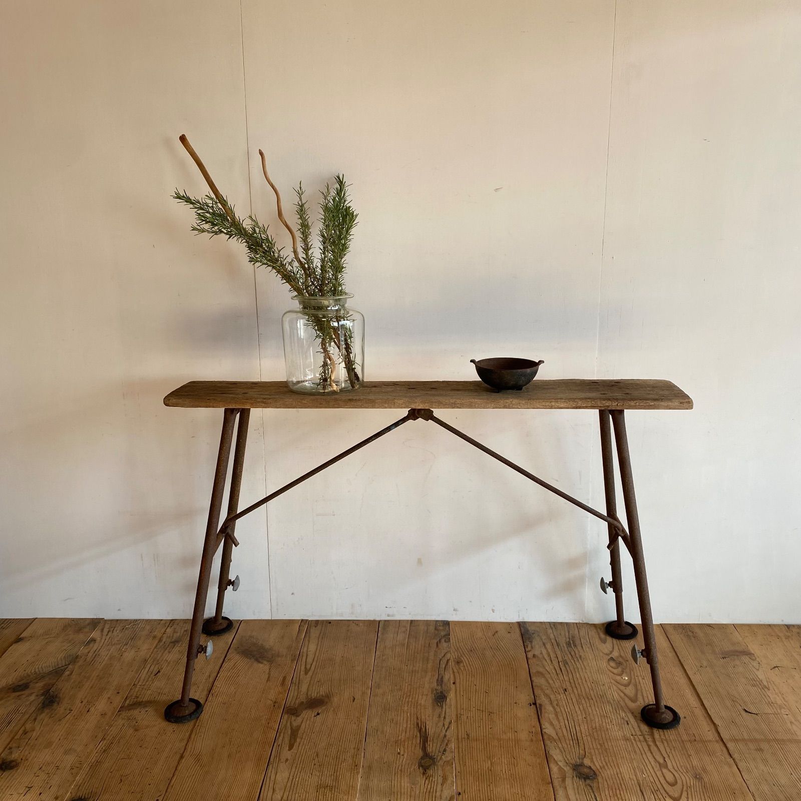 アンティーク 古家具 古道具 足場 作業台 アイアン脚 テーブル 木製