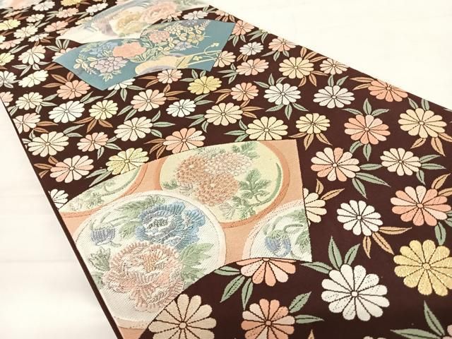 平和屋着物◎六通柄袋帯　唐織　格天色紙献上文　金糸　正絹　逸品　AABI0884yx 平和屋着物◎六通柄袋帯 唐織 九百錦 菊散し扇面 金糸 正絹 逸品