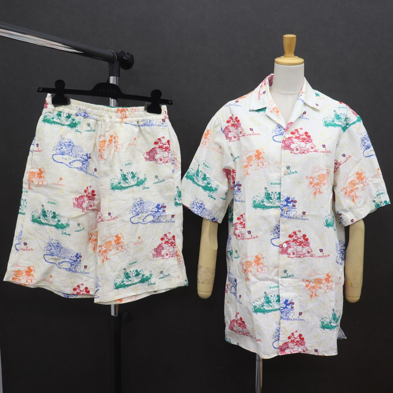 GUCCI グッチ Disney ディズニー コラボ 総柄 ミッキー ミニー シャツ 半袖 パンツ セット トップス ボトムス 601604 604046 メンズ イエロー 黄 コットン 綿 サイズ44