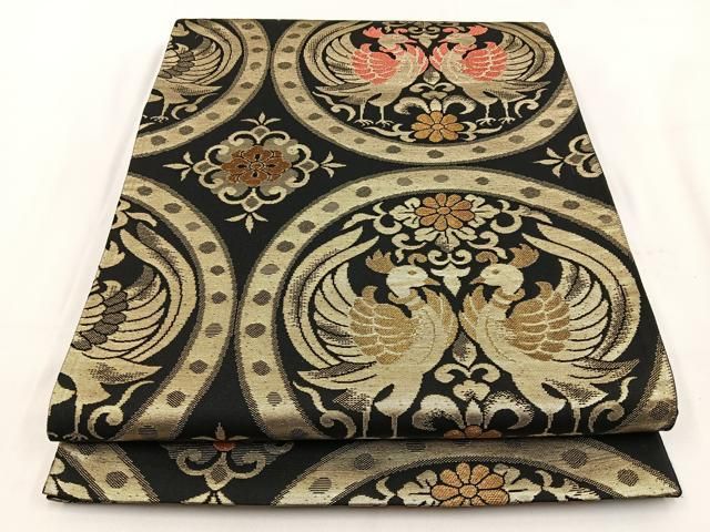 平和屋着物◎六通柄 京袋帯 向かい鳳凰丸文 黒地 金糸 三越扱い 正絹